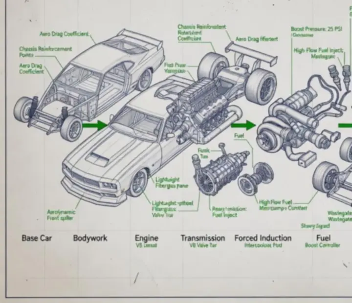 Blueprint stílusú drag autó építési diagram