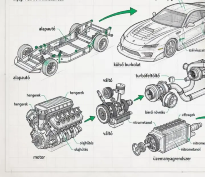 Blueprint stílusú vizuális történet a drag autó építésének lépéseiről a garázstól a drag stripig