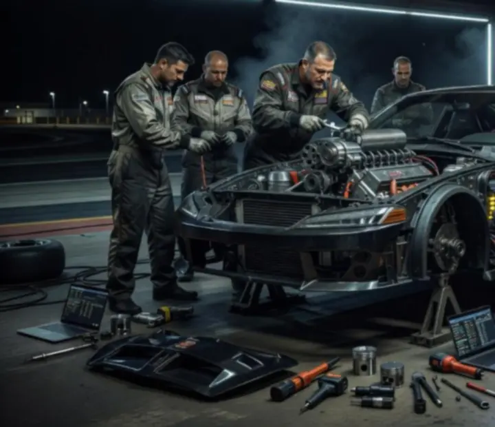 Éjszakai tuning garázsban szerelők drag versenyautót készítenek fel a verseny előtti utolsó szerelésnél