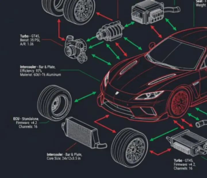 Blueprint-stílusú drag alkatrész elrendezés gumiabroncs, felni, ECU, intercooler és turbó vizuális jelölőivel.
