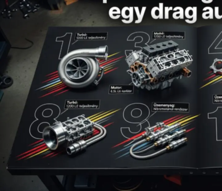 Blueprint-stílusú motorsport magazin illusztráció drag autó mechanikai tuning fejlesztéseiről