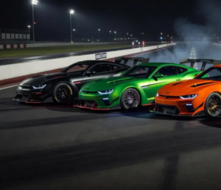 Különböző drag versenyautók sora, eltérő karosszériákkal és tuning stílusokkal