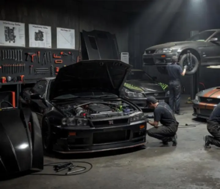 Éjszakai tuning garázs sötét grafit és égett narancs fényekkel, drag versenyautóval emelőn