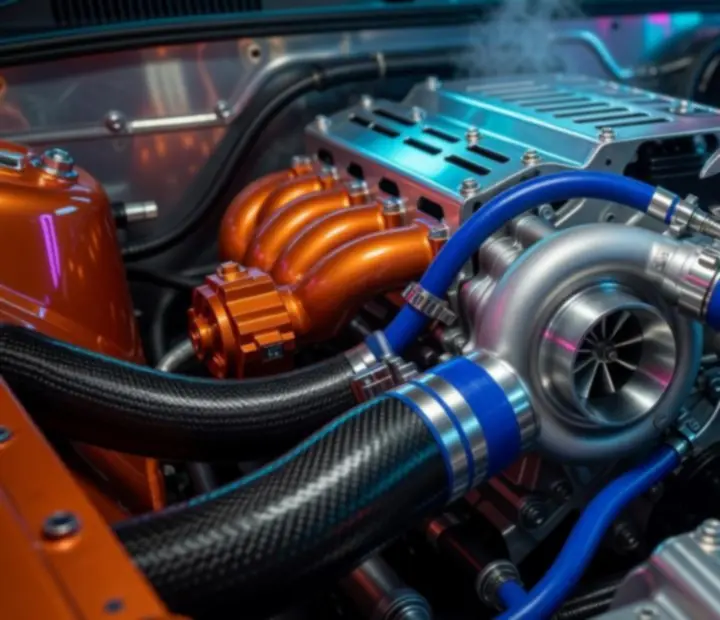 Turbófeltöltő és csővezeték drag autó motorbay-ben