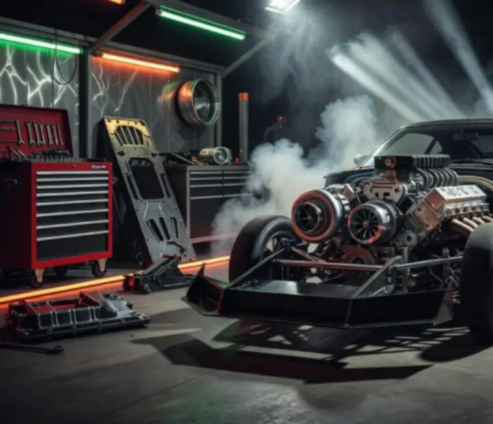 Szétkapott drag versenymotor turbóval és N2O rendszerrel egy sötét garázsban