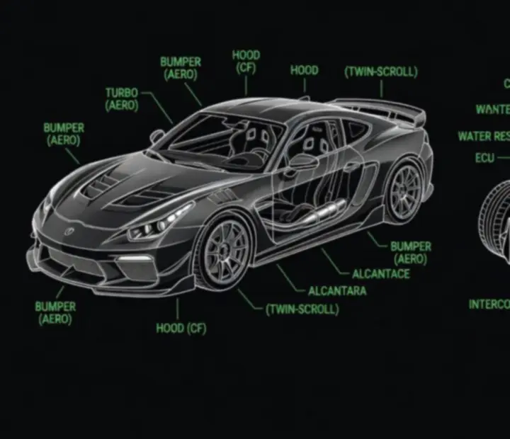 Vizuális és mechanikai tuning blueprint-szerű összehasonlítása egy drag autó külső és belső komponenseivel